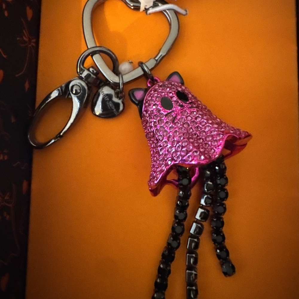 Betsey Johnson Pink Cat Ghost Rhinestone Charm Keychain NWT